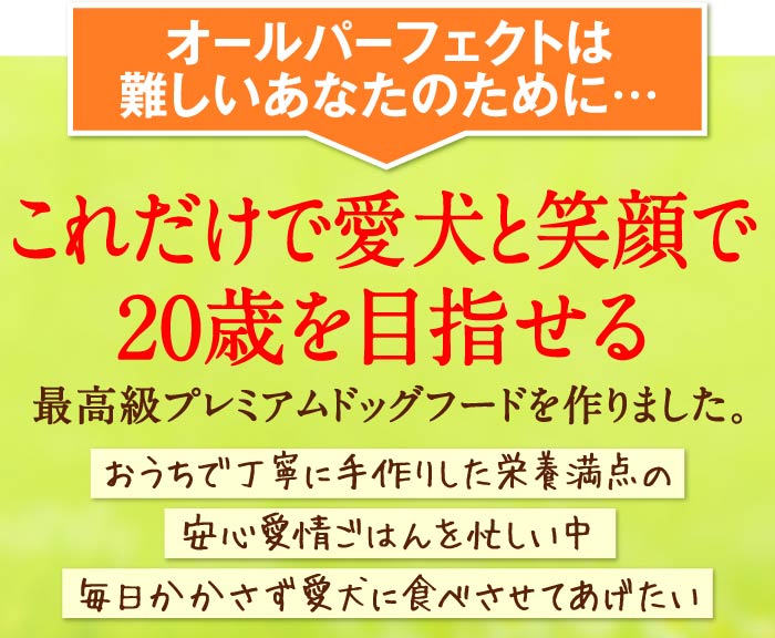 オールパーフェクトは難しいあなたのために…これだけで愛犬と笑顔で20歳を目指せる最高級プレミアムドッグフードを作りました。　おうちで丁寧に手作りした栄養満点の安心愛情ごはんを忙しい中、毎日かかさず愛犬に食べさせてあげたい