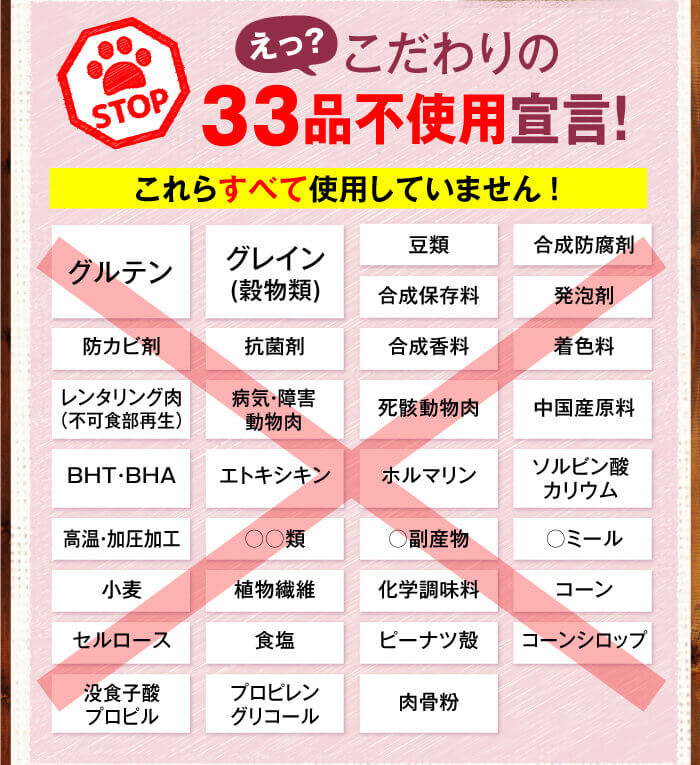 えっ？こだわりの33品不使用宣言！　これらすべて使用していません!　グルテン　グレイン（穀物類）　豆類　合成防腐剤　合成保存料　発泡剤　防カビ剤　抗菌剤　合成香料　着色料　レンタリング肉（不可食部再生）　病気・障害動物肉　死骸動物肉　中国産原料　BHT・BHA　エトキシキン　ホルマリン　ソルビン酸カリウム　高温・加圧加工　○○類　○副産物　○ミール　小麦　植物繊維　化学調味料　コーン　セルロース　食塩　ピーナツ殻　コーンシロップ　没食子酸プロピル　プロピレングリコール　肉骨粉