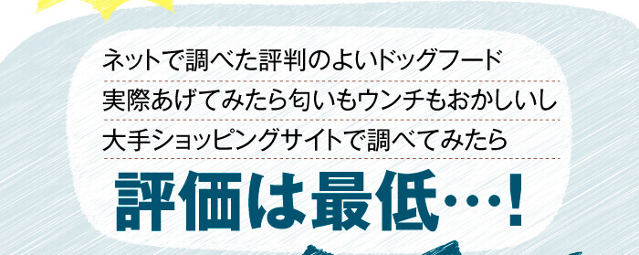 ネットで調べた評判のよいドッグフード、実際あげてみたら匂いもウンチもおかしいし、大手ショッピングサイトで調べてみたら、評価は最低…！