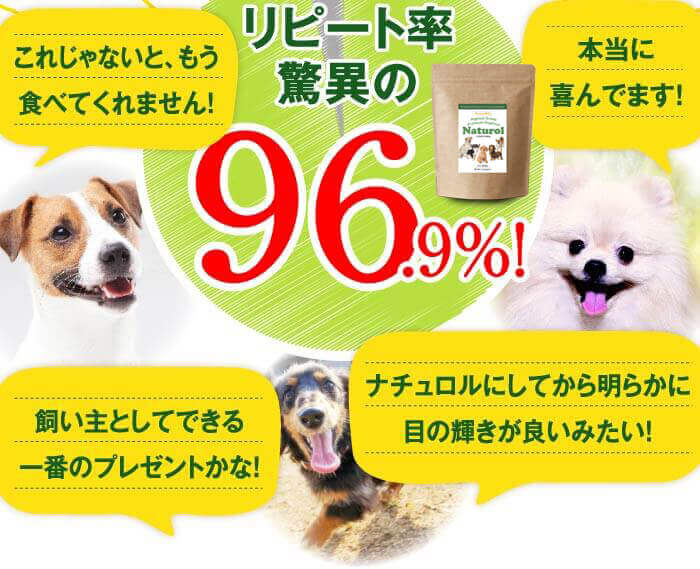 リピート率驚異の96.9％！　これじゃないと、もう食べてくれません！　本当に喜んでます！　飼い主としてできる一番のプレゼントかな！　ナチュロルにしてから明らかに目の輝きが良いみたい！