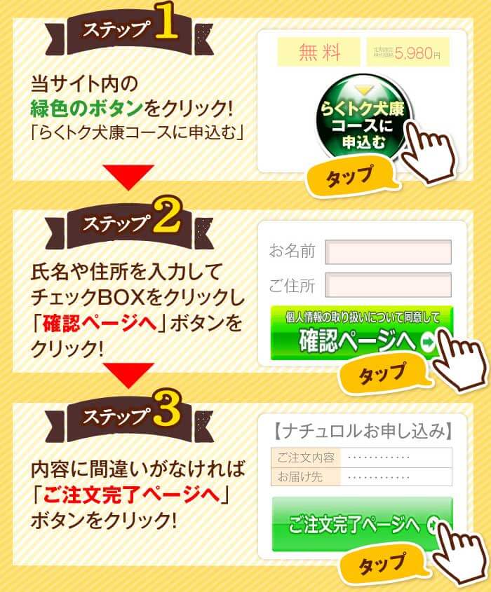 ステップ1　当サイト内の緑色のボタンをクリック！「100円モニターに参加する」　ステップ2　氏名や住所を入力してチェックBOXをクリックし「確認ページへ」ボタンをクリック！　ステップ3 内容に間違いがなければ「ご注文完了ページへ」ボタンをクリック！