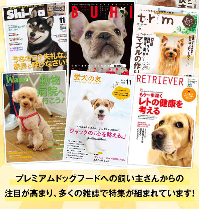 プレミアムドッグフードへの飼い主さんからの注目が高まり、多くの雑誌で特集が組まれています！