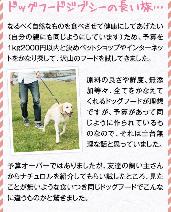 ドッグフードジブシーの長い旅…　なるべく自然なものを食べさせて健康にしてあげたい（自分の親にも同じようにしています）ため、予算を1kg2000円以内と決めペットショップやインターネットをかなり探して、沢山のフードを試してきました。原料の良さや鮮度、無添加等々、全てをかなえてくれるドッグフードが理想ですが、予算があって同じように作られているものなので、それは土台無理な話と思っていました。予算オーバーではありましたが、友達の飼い主さんからナチュロルを紹介してもらい試したところ、見たことが無いような食いつき同じドッグフードでこんなに違うものかと驚きました。