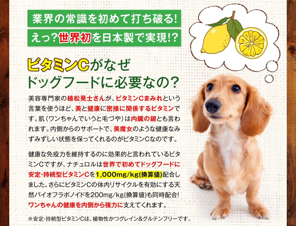 業界の常識を初めて打ち破る！えっ？世界初を日本製で実現！？　ビタミンCがなぜドッグフードに必要なの？　美容専門家の植松晃士さんが、ビタミンCまみれという言葉を使うほど、美と健康に密接に関係するビタミンです。肌（ワンちゃんでいうと毛づや）は内臓の鏡とも言われます。内側からのサポートで、美魔女のような健康なみずみずしい状態を保ってくれるのがビタミンCなのです。健康な免疫力を維持するのに効果的と言われているビタミンCですが、ナチュロルは世界で初めてドッグフードに安定・持続型ビタミンCを1,000mg/kg配合しました。さらにビタミンCの体内リサイクルを有効にする天然バイオフラボノイドを200mg/kgも同時配合！ワンちゃんの健康を内側から強力に支えてくれます。※安定・持続型ビタミンCは、植物性かつグレイン＆グルテンフリーです。