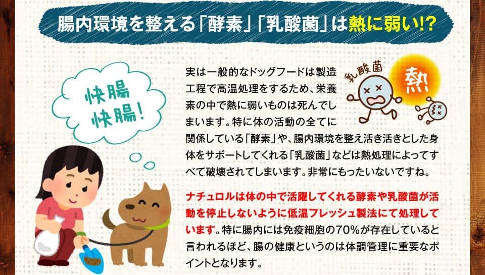 腸内環境を整える「酵素」「乳酸菌」は熱に弱い!?　実は一般的なドッグフードは製造工程で高温処理をするため、栄養素の中で熱に弱いものは死んでしまいます。特に体の活動の全てに関係している「酵素」や、腸内環境を整え活き活きとした身体をサポートしてくれる「乳酸菌」などは熱処理によってすべて破壊されてしまいます。非常にもったいないですね。ナチュロルは体の中で活躍してくれる酵素や乳酸菌が活動を停止しないように低温フレッシュ製法にて処理しています。特に腸内には免疫細胞の70％が存在していると言われるほど、腸の健康というのは体調管理に重要なポイントとなります。 快腸快腸！