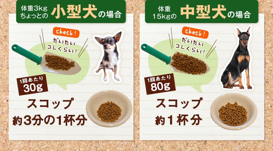 体重3kgちょっとの小型犬の場合　だいたいこれくらい！　30gスコップ約3分の1杯分　体重15kgの中型犬の場合　だいたいこれくらい！　80gスコップ約1杯分