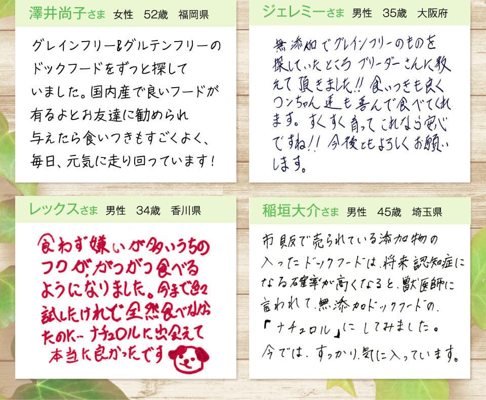 澤井尚子さま  女性　52歳　福岡県　グレインフリー＆グルテンフリーのドッグフードをずっと探していました。国内産で良いフードが有るよとお友達に勧められ与えたら食いつきもすごくよく、毎日、元気に走り回っています！　ジェレミーさま  男性　35歳　大阪府　無添加でグレインフリーのものを探していたところブリーダーさんに教えて頂きました!!食いつきも良くワンちゃん達も喜んで食べてくれます。すくすく育ってこれなら安心ですね!!今後もよろしくお願いします。　レックスさま  男性　34歳　香川県　食わず嫌いが多いうちのフクが、がつがつ食べるようになりました。今まで色々試したけれど全然食べなかったのに…ナチュロルに出会えて本当に良かったです。　稲垣大介さま  男性　45歳　埼玉県　市販で売られている添加物の入ったドックフードは、将来認知症になる確率が高くなると、獣医師に言われて、無添加ドックフードの「ナチュロル」にしてみました。今では、すっかり、気に入っています。