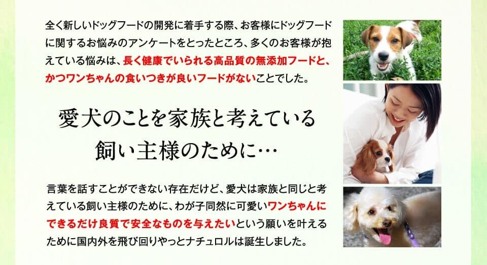 全く新しいドッグフードの開発に着手する際、お客様にドッグフードに関するお悩みのアンケートをとったところ、多くのお客様が抱えている悩みは、長く健康でいられる高品質の無添加フードと、かつワンちゃんの食いつきが良いフードがないことでした。愛犬のことを家族と考えている飼い主様のために…言葉を話すことができない存在だけど、愛犬は家族と同じと考えている飼い主様のために、わが子同然に可愛いワンちゃんにできるだけ良質で安全なものを与えたいという願いを叶えるために国内外を飛び回りやっとナチュロルは誕生しました。