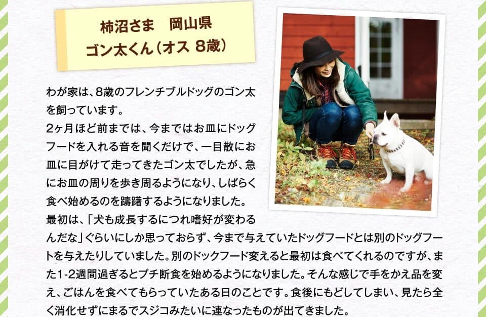 柿沼さま　岡山県ゴン太くん（オス 8歳）　わが家は、8歳のフレンチブルドッグのゴン太を飼っています。2ヶ月ほど前までは、今まではお皿にドッグフードを入れる音を聞くだけで、一目散にお皿に目がけて走ってきたゴン太でしたが、急にお皿の周りを歩き周るようになり、しばらく食べ始めるのを躊躇するようになりました。最初は、「犬も成長するにつれ嗜好が変わるんだな」ぐらいにしか思っておらず、今まで与えていたドッグフードとは別のドッグフートを与えたりしていました。別のドックフード変えると最初は食べてくれるのですが、また1-2週間過ぎるとプチ断食を始めるようになりました。そんな感じで手をかえ品を変え、ごはんを食べてもらっていたある日のことです。食後にもどしてしまい、見たら全く消化せずにまるでスジコみたいに連なったものが出てきました。
