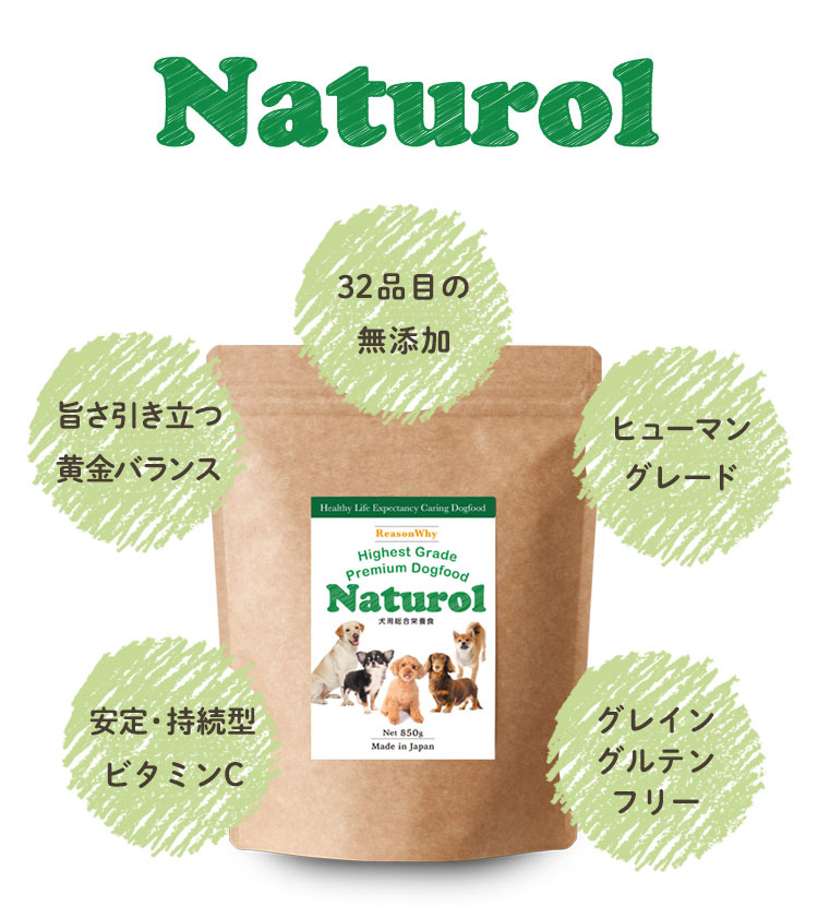 「ナチュロル」Naturol。33品目の無添加、ヒューマングレード、旨さ引き立つ黄金バランス、グレイングルテンフリー、安定・持続型ビタミンC配合。